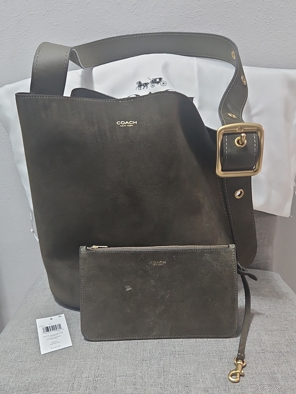 Coach Bleeker  Olive Green Suede Shoulder Bucket Bag with Wristlet